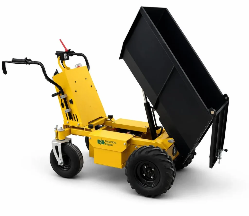 ET-500C electric mini dumper with the black bed tipped for unloading