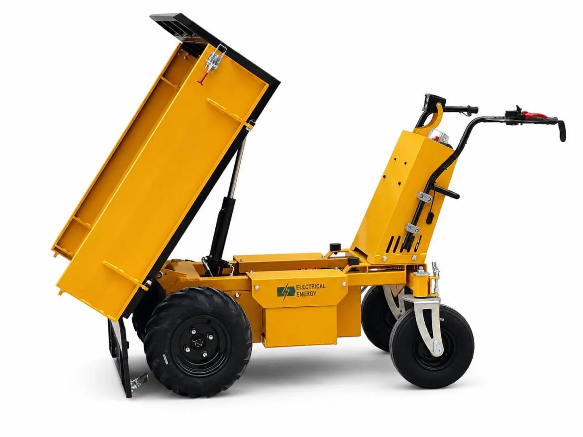 ET-500D electric mini dumper with yellow bed tipped for unloading