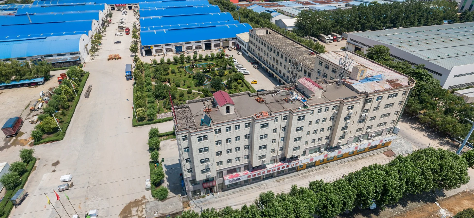 Aerial view of the Ideal Machinery office building and factory workshops
