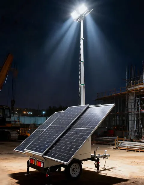 ILTM70M-S solar light tower lighting a construction site at night