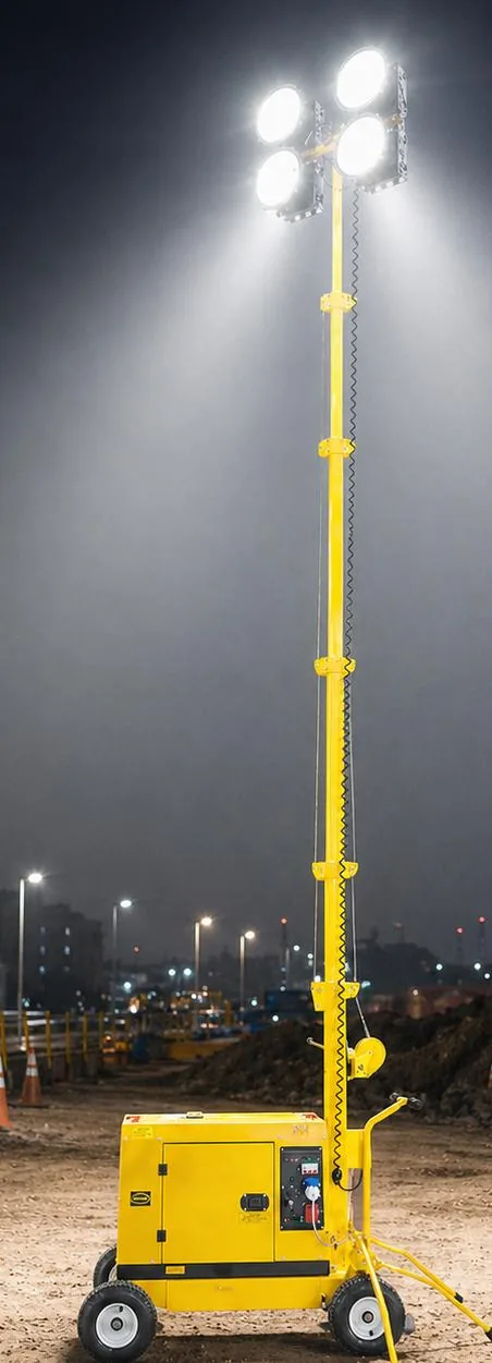 Portable diesel light tower pictured at night