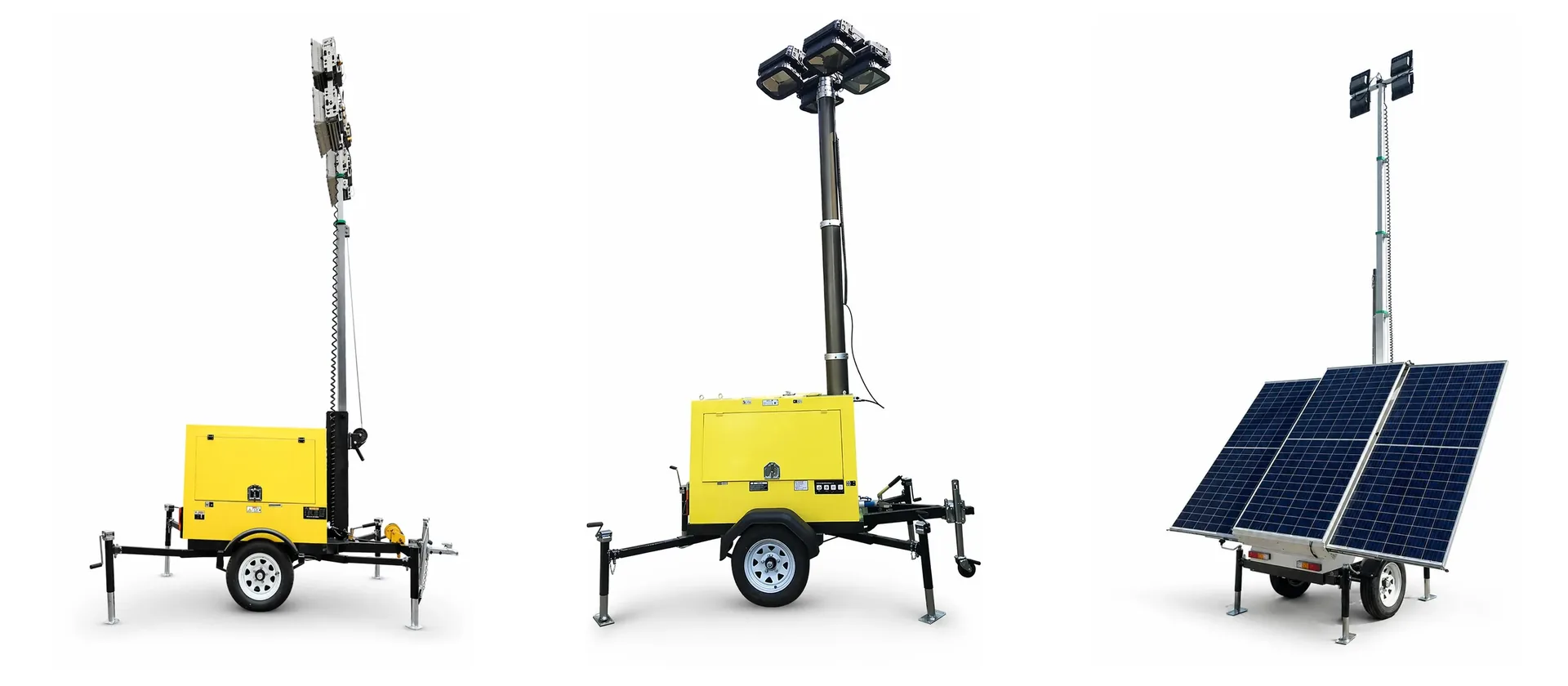 Ideal Machinery mobile light towers with winch mast, pneumatic mast and solar panel configurations