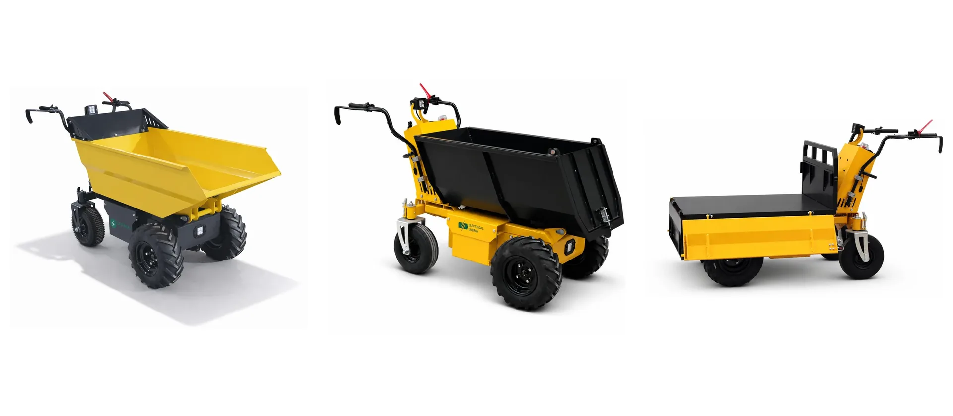 Ideal Machinery electric mini dumper models ET-500A, ET-500C and ET-500D shown in different configurations